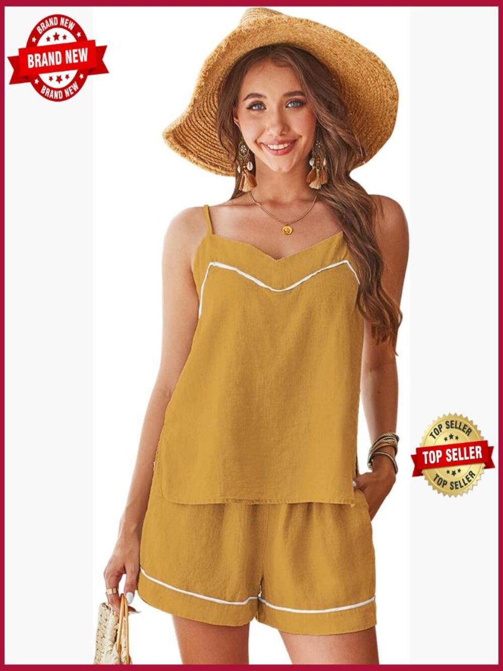 100% Linen 2 Piece Tank Top and Shorts Set with Pockets